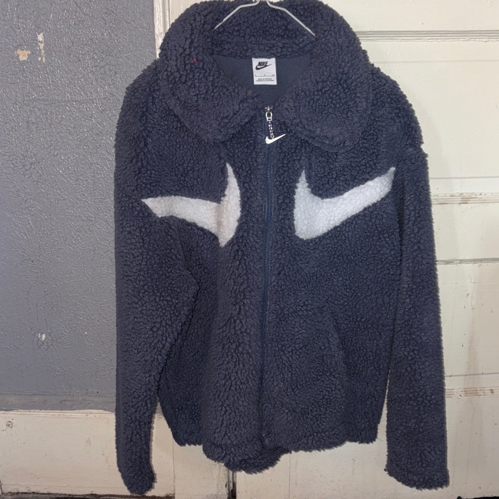 Nike Dark Navy Sherpa Jacket with White Swooshes